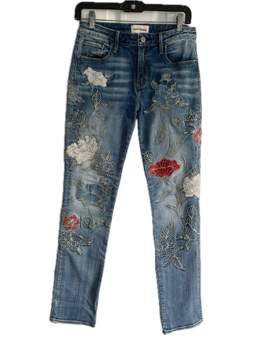 Driftwood Audrey Embroidered Floral Slim Jeans - Blue with Red & White Accents